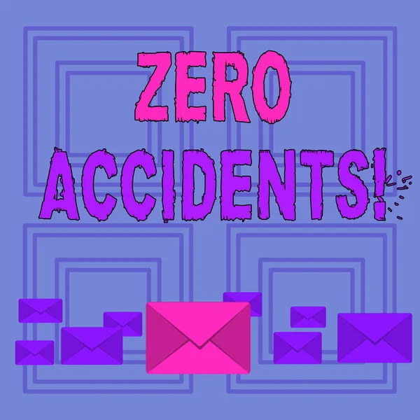 Szöveges jel mutatja Zero balesetek. Konceptuális fotó fontos stratégia a munkahelyi balesetek megelőzésére pasztell színű zárt borítékok különböző méretben a Big egy a közel. — Stock Fotó