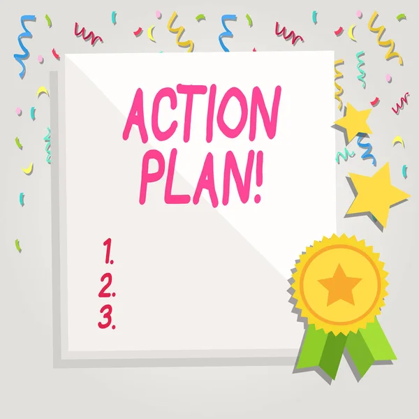 Text sign showing Action Plan. Conceptual photo proposed strategy or course of actions for certain time White Blank Sheet of Parchment Paper Stationery with Ribbon Seal Stamp Label.