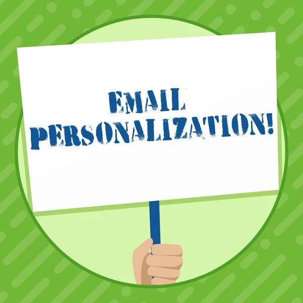 Writing note showing Email Personalization. Business photo showcasing allows to insert demonstratingal data into the email template Hand Holding White Placard Supported for Social Awareness.