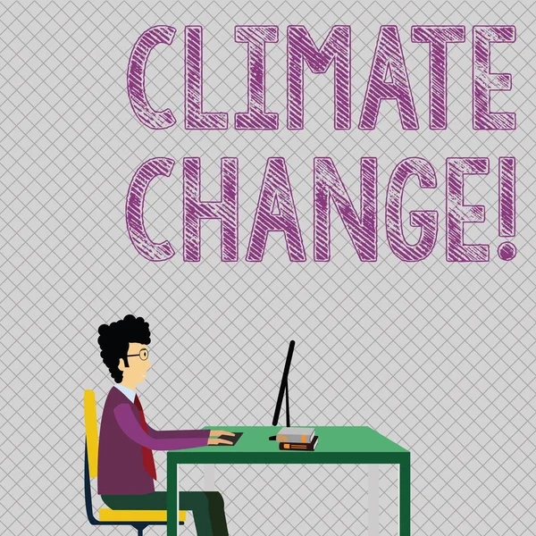 Conceptual hand writing showing Climate Change. Business photo showcasing difference in global or regional climate very quickly Businessman Sitting on Chair Working on Computer and Books. — Stock Photo, Image