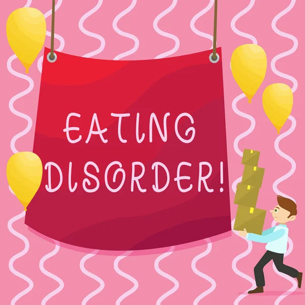 Text sign showing Eating Disorder. Conceptual photo characterized by abnormal or disturbed eating habits Man Carrying Pile of Boxes with Blank Tarpaulin in the Center and Balloons. — Stock Photo, Image