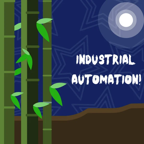 Text sign showing Industrial Automation. Conceptual photo Use of control systems to handle industrial process Colorful Sets of Leafy Bamboo on Left Side and Moon or Sun with Round Beam. — Stock Photo, Image