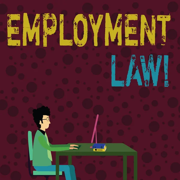 Εννοιολογική γραφή στο χέρι που δείχνει το εργατικό δίκαιο. Επαγγελματική φωτογραφία κείμενο που περιλαμβάνει όλες τις περιοχές του εργοδότη σχέση εργοδοτική δουλειά που κάθεται στην καρέκλα εργασία σε υπολογιστές και βιβλία. — Φωτογραφία Αρχείου