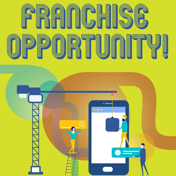 Franchise fırsatı gösteren metin işareti. Kavramsal fotoğraf franchise SEO süreci simgeleri ile ortak hedef hedef için birlikte çalışma çalışanları iş yapmak için franchising izin. — Stok fotoğraf