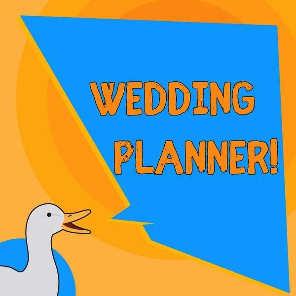 显示婚礼策划人的书写笔记。商业照片展示专业谁协助设计规划和分析照片的鸭子说话与不均匀形状空白蓝色语音气球. — 图库照片