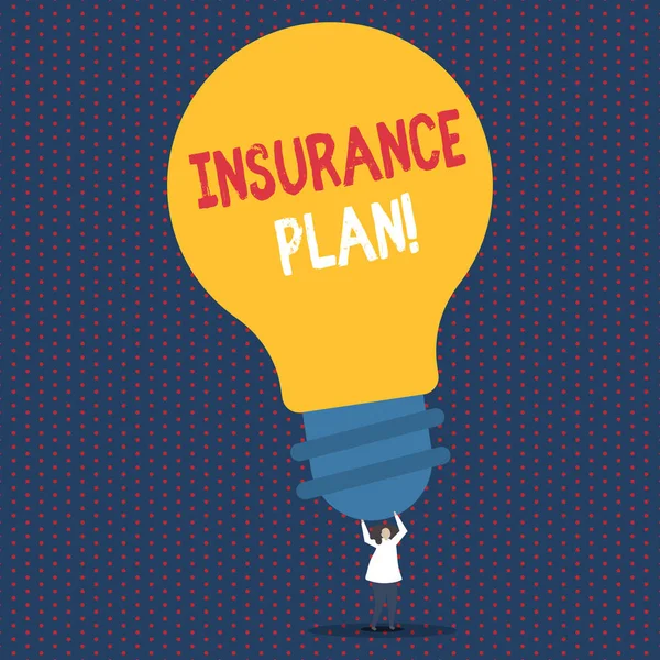 Text sign showing Insurance Plan. Conceptual photo provide benefits like risk cover fixed income return safety Person Standing and Raising Up Arms Holding Big Yellow Lightbulb for Ideas. — Φωτογραφία Αρχείου