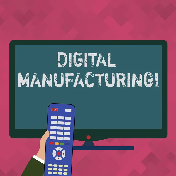 Word writing text Digital Manufacturing. Business concept for integrated approach to analysisufacturing processes Hand Holding Computer Remote Control infront of Blank Wide Color PC Screen.