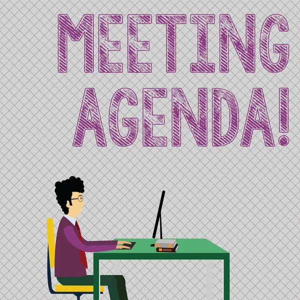 Conceptual hand writing showing Meeting Agenda. Business photo showcasing list items that participants hope to accomplish at meetings Businessman Sitting on Chair Working on Computer and Books.