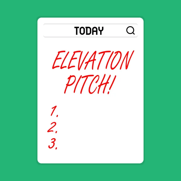 Handwriting text Elevator Pitch. Concept meaning short description of product business idea given to investor Search Bar with Magnifying Glass Icon photo on Blank Vertical White Screen.