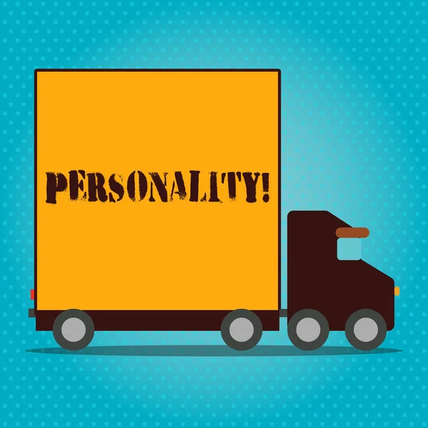 Het schrijven nota die persoonlijkheid toont. Business fotopresentatie combinatie kenmerken die vorm individuen karakter vrachtwagen met overdekte back container om goederen te vervoeren. — Stockfoto