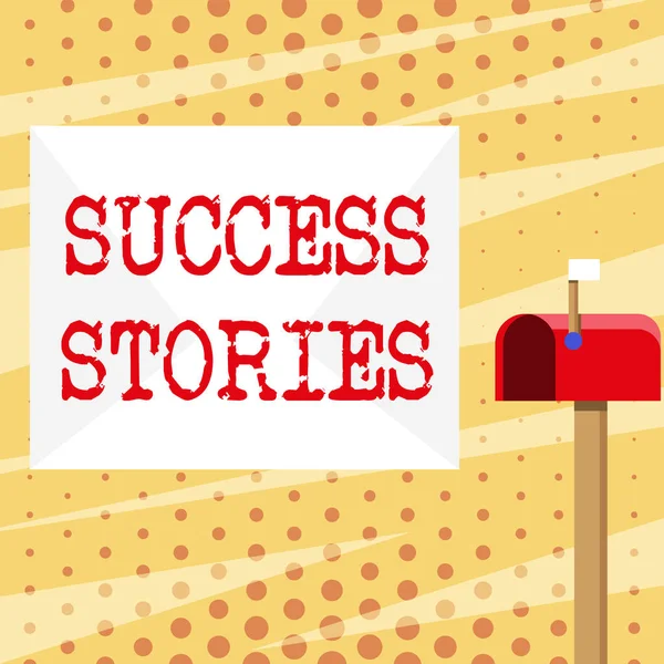 成功事例を示す概念的に手を書くこと。誰が幸運または華麗な成果に上昇を示す物語を紹介するビジネス写真小さなフラグが付いている白い封筒と赤いメールボックス — ストック写真