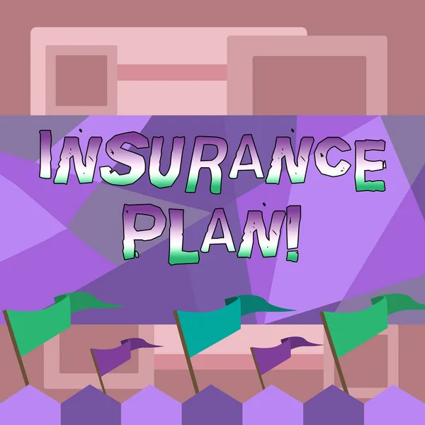 Handwriting text writing Insurance Plan. Concept meaning provide benefits like risk cover fixed income return safety Blank Solid Colorful Pennant Streamer Flag on Stick Mounted on Picket Fence.