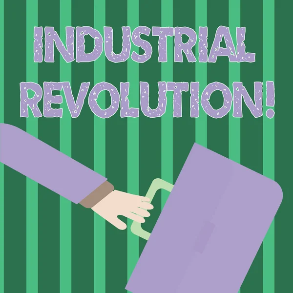 Texto manuscrito Revolución Industrial. Concepto que significa tiempo durante el cual el trabajo hecho más por las máquinas Rushing Businessman Brazo se balanceó más atrás y la mano que sostiene el maletín de color . — Foto de Stock