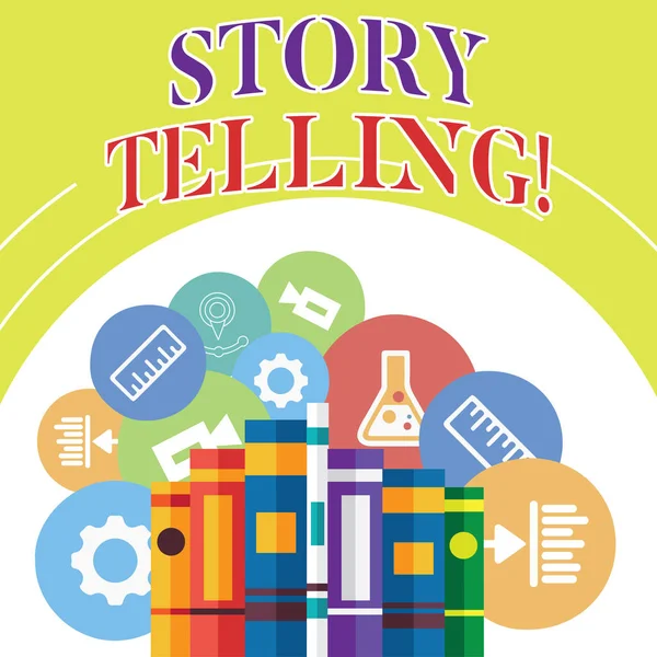 Word pisanie tekstu Storytelling. Koncepcja biznesowa dla działań pisania historie do publikowania ich w publicznych książek ułożone stojąc w rzędzie z różnymi ikonami edukacyjnymi za. — Zdjęcie stockowe