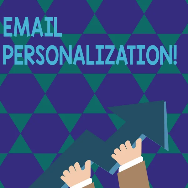 Text sign showing Email Personalization. Conceptual photo allows to insert demonstratingal data into the email template photo of Hand Holding Colorful Huge 3D Arrow Pointing and Going Up.