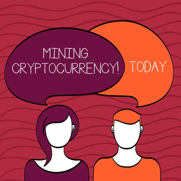 Handwriting text Mining Cryptocurrency. Concept meaning handling of transaction in the digital currency system Blank Faces of Male and Female with Colorful Blank Speech Bubble Overlaying.