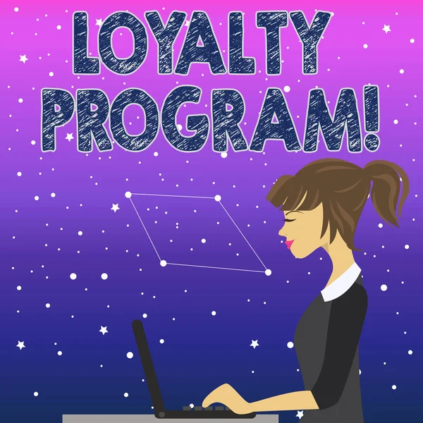 Handwriting text Loyalty Program. Concept meaning structured marketing provides incentives repeat customers photo of Young Busy Woman Sitting Side View and Working on her Laptop. — Stock Photo, Image