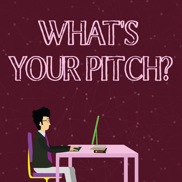 El yazısı metni yazma S Your pitch soru nedir. Kavram anlamı ses veya müzik sesi özelliği hakkında soran Işadamı düz sandalye üzerinde bilgisayar ve kitap masa üzerinde çalışma oturan. — Stok fotoğraf