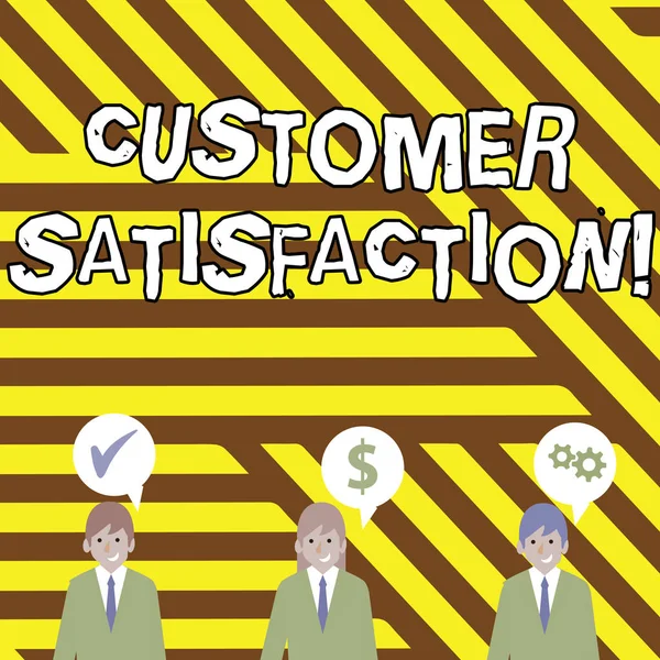 Conceptual hand writing showing Customer Satisfaction. Business photo text Measure of customers fulfillment from a firm Businessmen has Speech Bubble with Optimization Cost Icons. — Stock Photo, Image