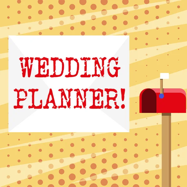 概念手写显示婚礼策划人。商业照片展示专业谁协助设计规划和分析管理白色信封和红色邮箱与小旗向上 — 图库照片