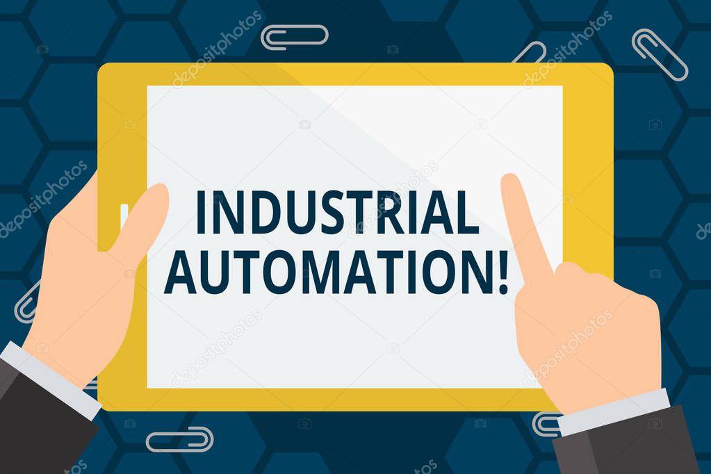 Conceptual hand writing showing Industrial Automation. Business photo showcasing Use of control systems to handle industrial process Hand Holding Pointing Touching Color Tablet White Screen.