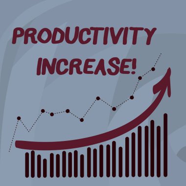 El yazısı metni verimlilik artışı. Konsept anlamı Işçilik verimlilik büyüme daha fazla çıktı işçi kombinasyonu renkli sütun ve çizgi grafik grafik ok gidiş yukarı.