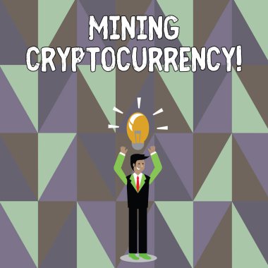 Word writing text Mining Cryptocurrency. Business concept for handling of transaction in the digital currency system Businessman Standing Raising Arms Upward with Lighted Bulb Icon on his Head.