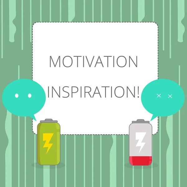 Word writing text Motivation Inspiration. Business concept for ability to change the way we feel about life Fully Charged and Discharged Battery with Two Colorful Emoji Speech Bubble. — Stock Photo, Image