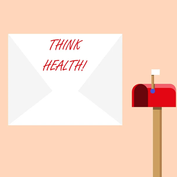 Handwriting text writing Think Health. Concept meaning state of complete physical mental and social well being Blank Big White Envelope and Open Red Mailbox with Small Flag Up Signalling.