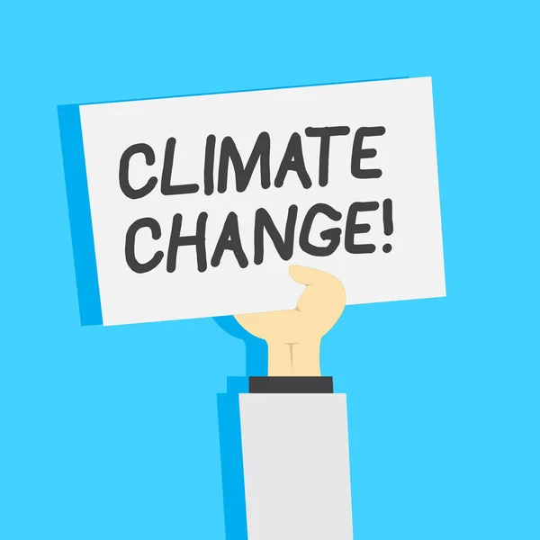 Escritura a mano del texto Cambio climático. Concepto que significa diferencia en el clima global o regional muy rápidamente Clipart of Hand Holding Up Blank Sheet of White Paper on Pastel Backdrop . — Foto de Stock