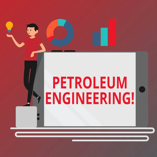 Conceptual hand writing showing Petroleum Engineering. Business photo text Activities related to the production of hydrocarbons Man Leaning on Smartphone Turned on Side Graph and Idea Icon. — Stock Photo, Image