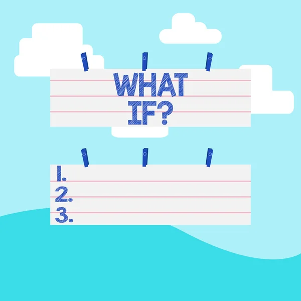 Handwriting text writing What If Question. Concept meaning when you are asking about condition or supposition Two Color Blank Strip Size Lined Paper Sheet Hanging Using Blue Clothespin.