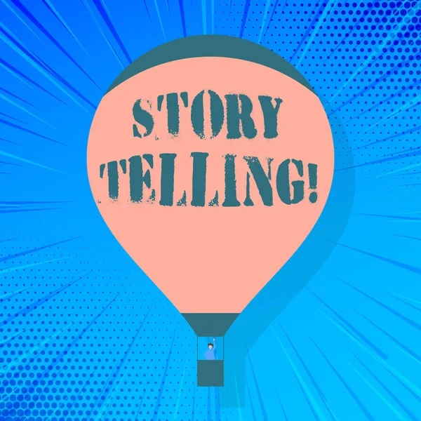 Skriv anteckning som visar storytelling. Business Photo skylta aktivitet skriver historier för att publicera dem till offentliga varm Lufts ballong flytande med passagerare vinka från gondolen. — Stockfoto