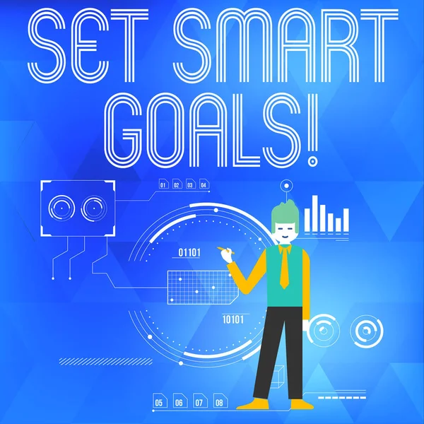 Text sign showing Set Smart Goals. Conceptual photo list to clarify your ideas focus efforts use time wisely Man Standing Holding Pen Pointing to Chart Diagram with SEO Process Icons.