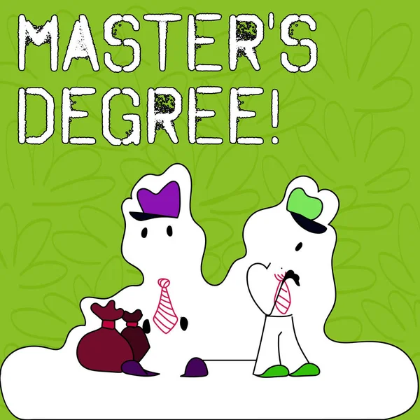Text sign showing Master S Degree. Conceptual photo academic degree awarded by universities upon high school Figure of Two Men Standing with Pouch Bag on White Sticker Style Snow Effect.
