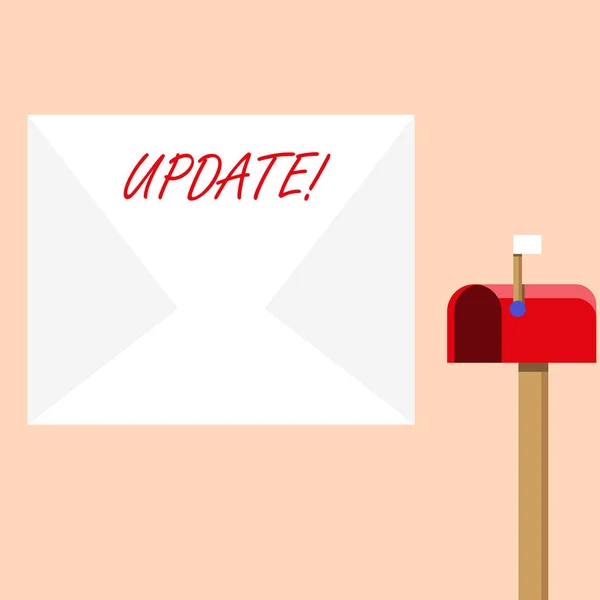 Handschrift tekst schrijven update. Concept betekenis maken iets moderner of up-to-date, zoals software-Programma's lege grote witte envelop en open rode mailbox met kleine vlag omhoog signalering. — Stockfoto