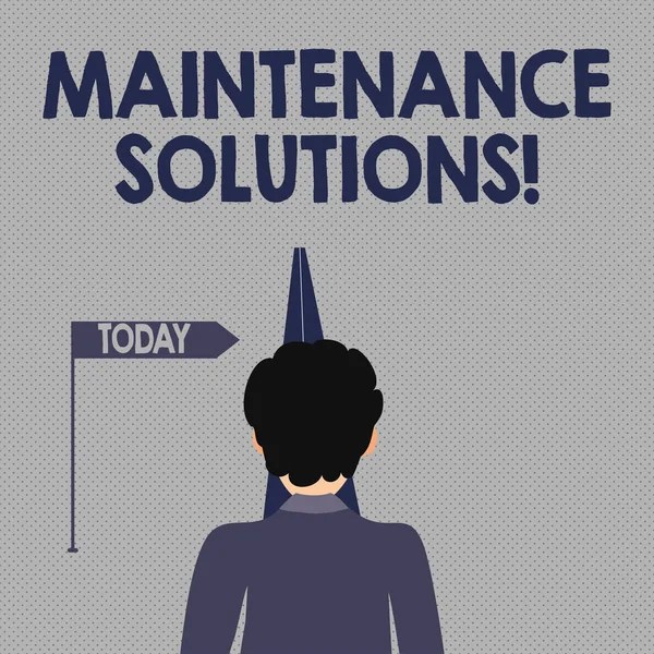 Writing note showing Maintenance Solutions. Business photo showcasing service provided to keep a product in good condition Man Facing Distance and Blocking the View of Straight Narrow Path. — Stock Photo, Image