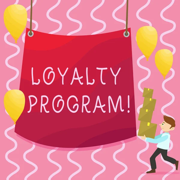 Text sign showing Loyalty Program. Conceptual photo structured marketing provides incentives repeat customers Man Carrying Pile of Boxes with Blank Tarpaulin in the Center and Balloons.