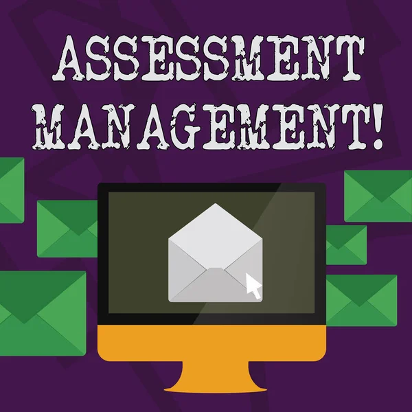 Conceptual hand writing showing Assessment Management. Business photo text analysisagement of investments on behalf of others Open Envelope inside Computer Letter Casing Surrounds the PC. — Stock Photo, Image