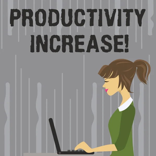 Handwriting text writing Productivity Increase. Concept meaning Labor productivity growth More output from worker photo of Young Busy Woman Sitting Side View and Working on her Laptop.