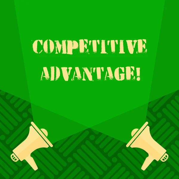 Text sign showing Competitive Advantage. Conceptual photo Condition that puts a company in a favorable position Blank Double Spotlight Crisscrossing Upward from Two Megaphones on the Floor.