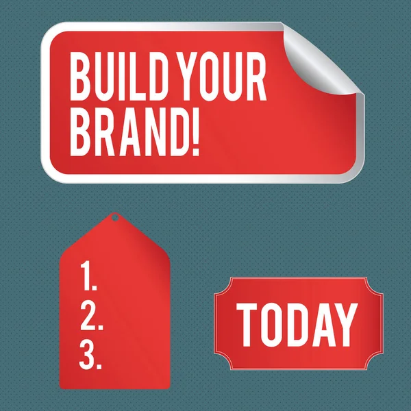 Writing note showing Build Your Brand. Business photo showcasing creates or improves customers knowledge and opinions of product Color Label Self Adhesive Sticker with Border Corner and Tag.