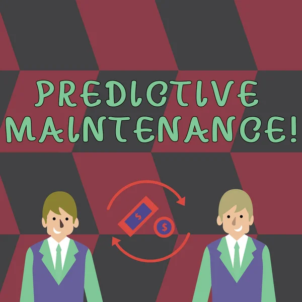 Text sign showing Predictive Maintenance. Conceptual photo maintenance strategy driven by predictive analytics Money in Dollar Currency Sign Inside Rotating Arrows Between Two Businessmen.