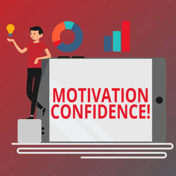 Conceptual hand writing showing Motivation Confidence. Business photo text Level of desire to accomplish a specified outcome Man Leaning on Smartphone Turned on Side Graph and Idea Icon. — Stock Photo, Image