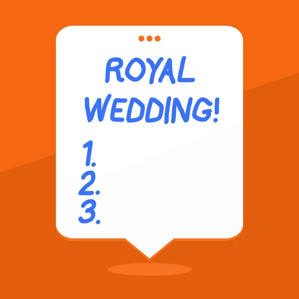Handwriting text writing Royal Wedding. Concept meaning marriage ceremony involving members of kingdom family Blank Space White Speech Balloon Floating with Three Punched Holes on Top. — Stock Photo, Image