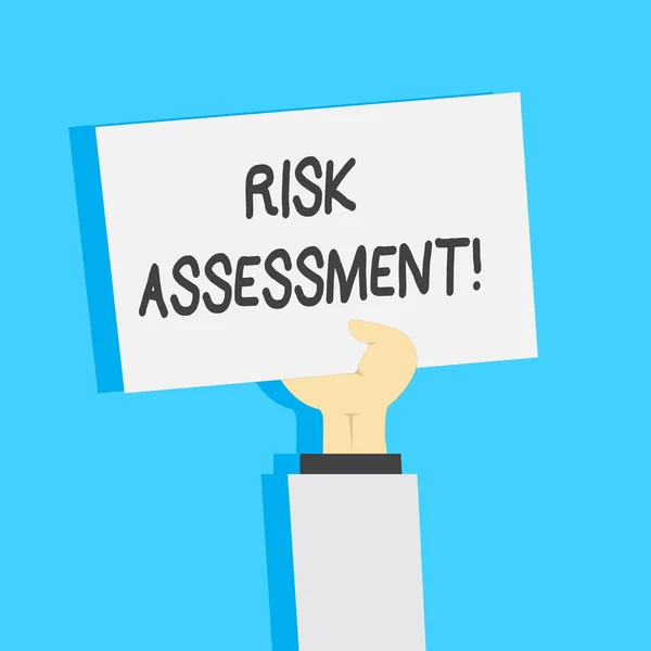 Handwriting text writing Risk Assessment. Concept meaning evaluating potential risks involved projected activity Clipart of Hand Holding Up Blank Sheet of White Paper on Pastel Backdrop.