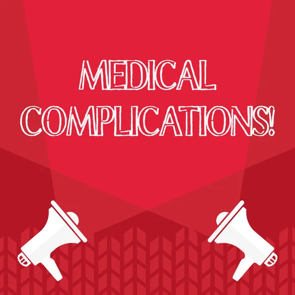 Word writing text Medical Complications. Business concept for unfavorable evolution or consequence of a disease Blank Double Spotlight Crisscrossing Upward from Two Megaphones on the Floor.