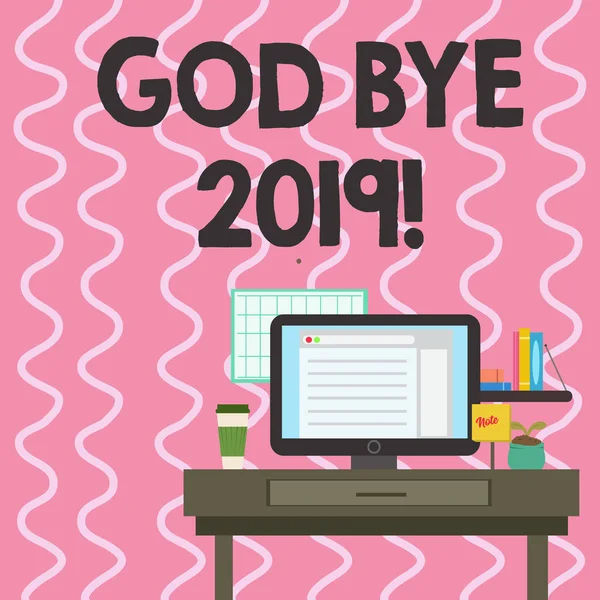 Text sign showing God Bye 2019. Conceptual photo express good wishes when parting or at the end of last year photo of Interior Working Space Station Concept of Technical Person.