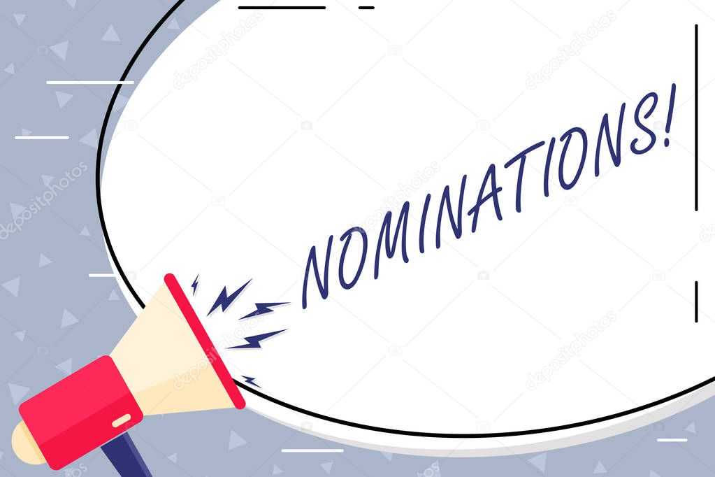 Text sign showing Nominations. Conceptual photo action of nominating or state being nominated for prize Blank White Huge Oval Shape Sticker and Megaphone Shouting with Volume Icon.