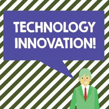 Word yazma metin teknoloji yenilik. Ürün ve süreçlerin önemli teknik değişiklikler için iş kavramı Işadamı gülümseyen ve boş dikdörtgen renk konuşma kabarcık ile konuşan.